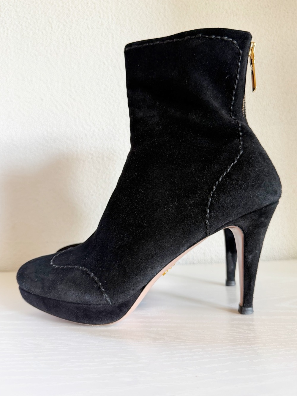 Prada Black Suede Whipstitch Platform Ankle Boots EU 39.5